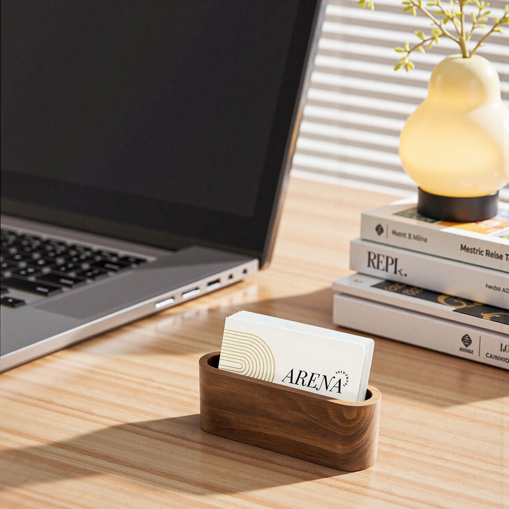 Business Card Holder for Desk, Minimalist Office Wooden Organizer