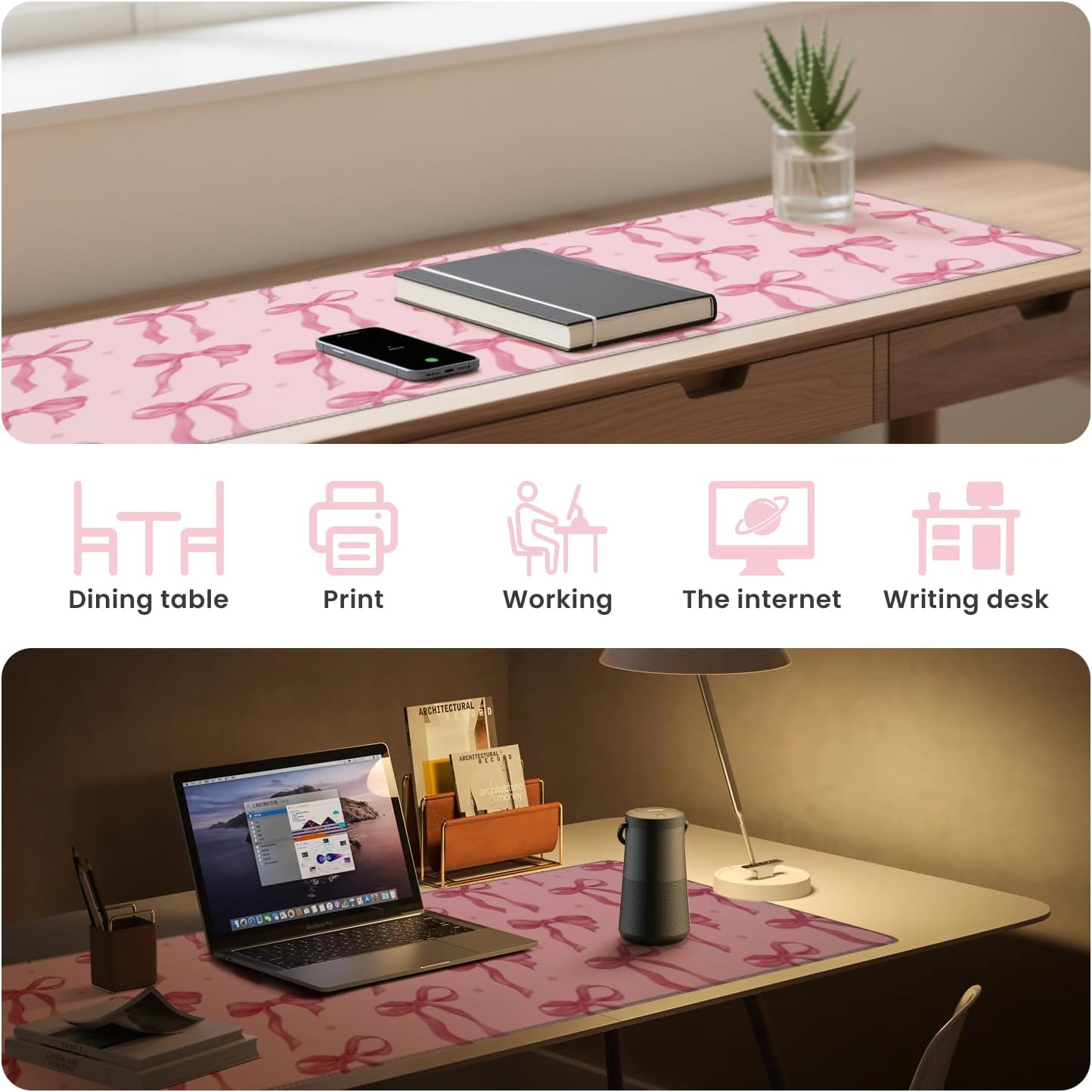 Pink Mouse Pad, Bows Desk Mat Computer Mat Desk Accessories 31.5 x 11.8