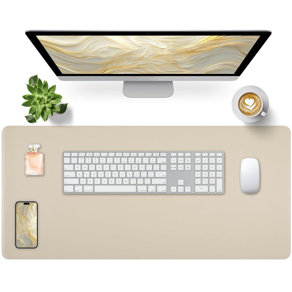 Bloss Leather Desk Pad and Keyboard Wrist Rest, Large Mouse Pad + Keyboard Pad+Mouse Wrist Support, Non-Slip Desk Mat Protector for Office, Home(31.5×15.7 Inches,Beige)