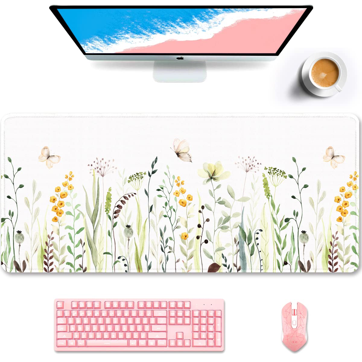 Auhoahsil Desk Mat, Ultra Large Mouse Pad, XXL Gaming Mousepad, Green Tropical Leaves Deskpad, Big Extended Full Size Mouse Pad, Desktop Desk Matt for Keyboard, Laptop & Computer, 35.5 x 15.7 in