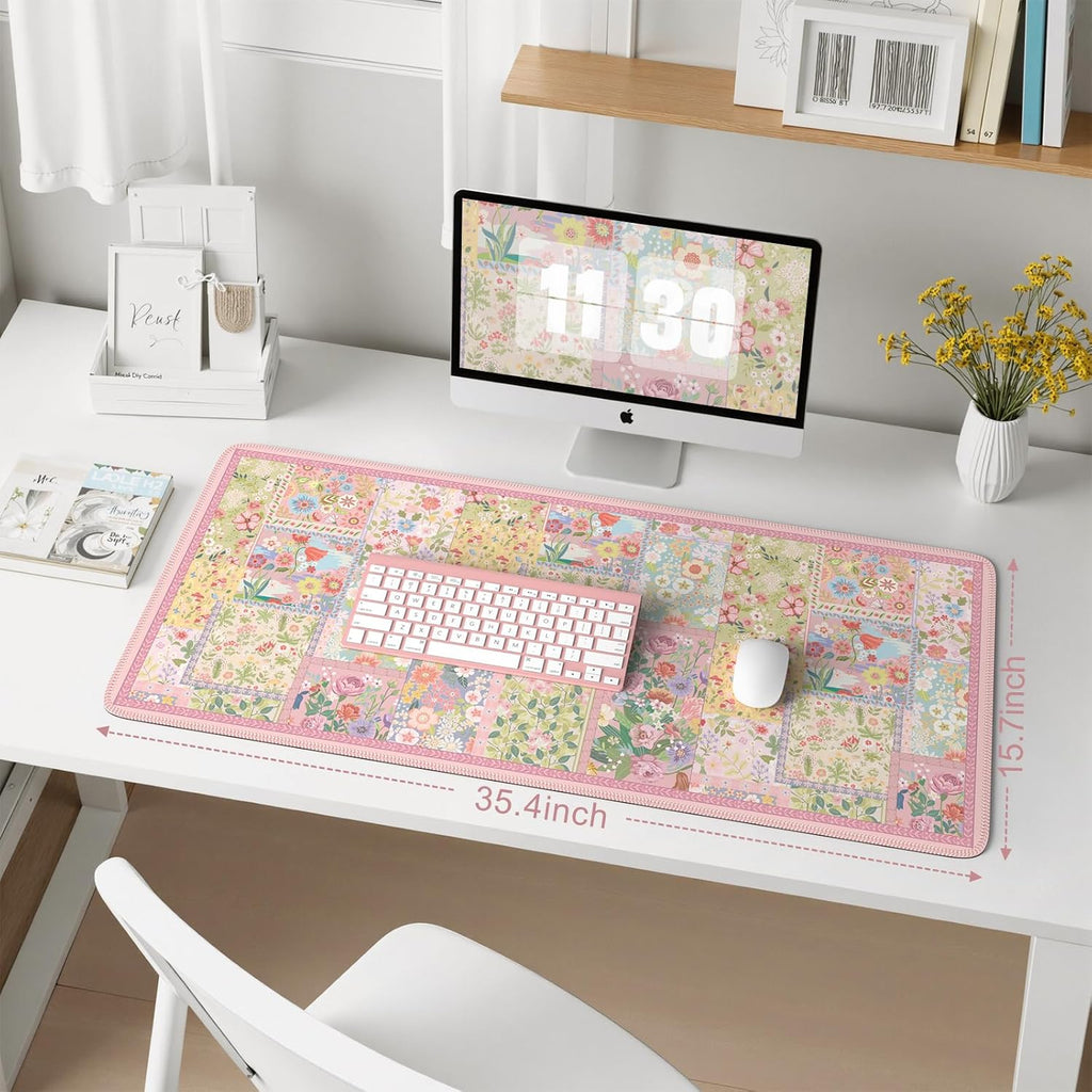 iCasso Desk Mat,Mouse Pad for Office Desk,35.4x15.7in,Pink Flowers