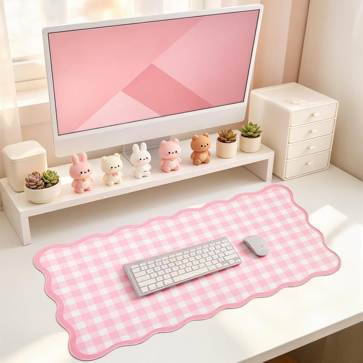 Scalloped Gingham Pink Desk Mat,Large Cute Desk Pad for Keyboard Mouse,Girly Mouse Pad for Desktop Office
