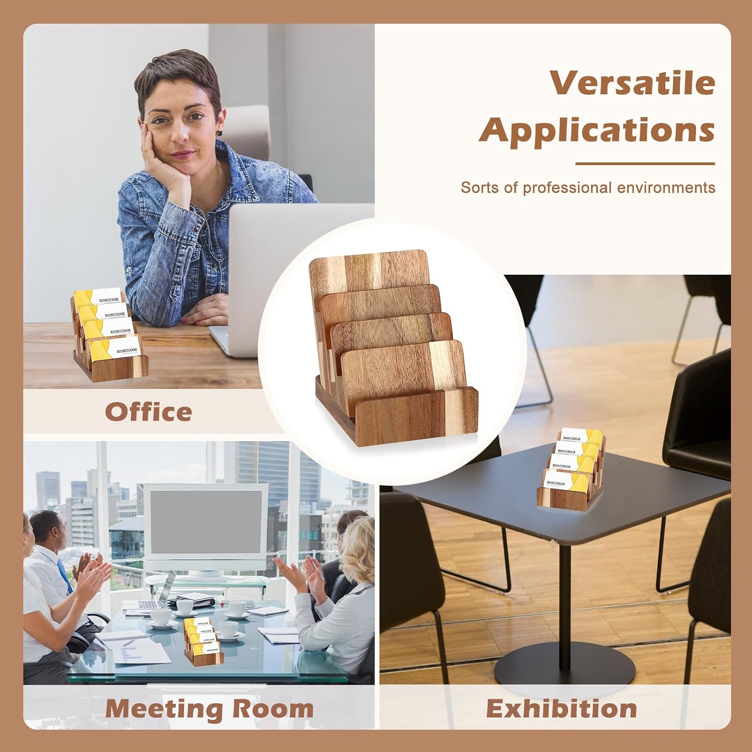 Acacia Wood Business Card Holder 4 Tier Multiple Business Card Display Stands Desktop Business Card Organizer 4 Slots Gift Card Rack Index Card Storage for Office Exhibition Meeting Home Men Women