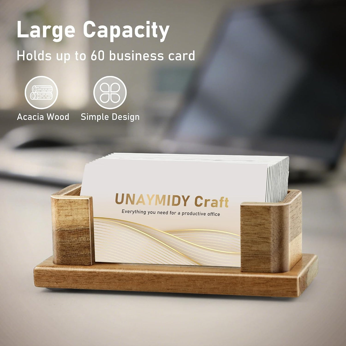 Acacia Wood Business Card Holder Desk Office Essentials, 60 Card Capacity