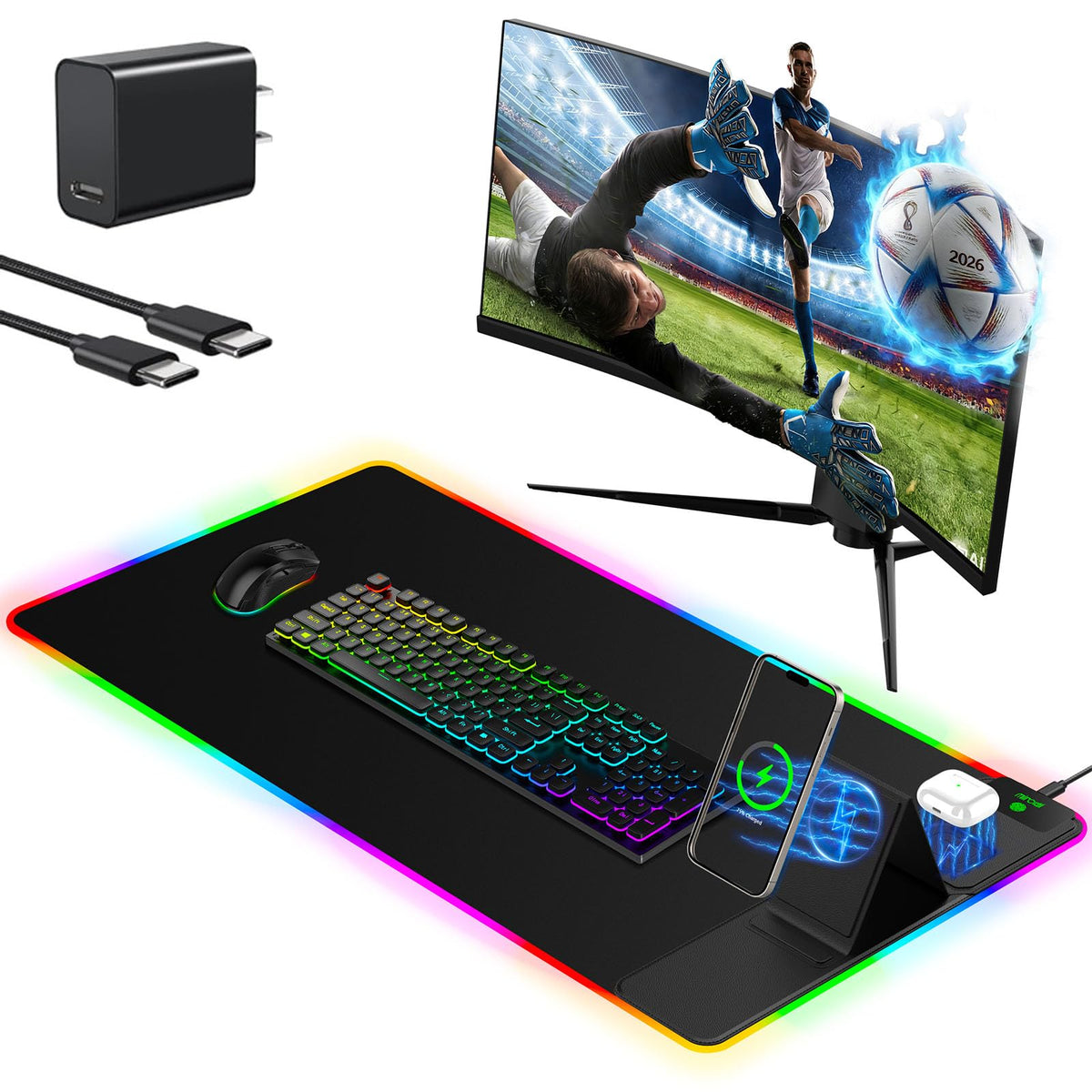 XXL Mouse Pad with Phone Holder - Black, RGB Desk Mat with 15W Fast Charging, LED Gaming Mousepad with 11 Light Colors, Waterproof Non-Slip Pad for Office & Home (Black with PD Adapter)