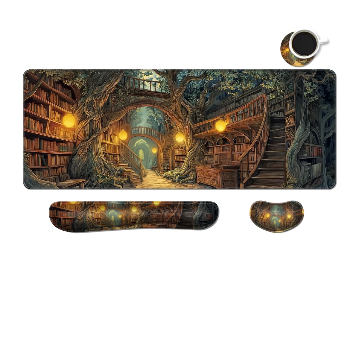 MIBITRI Keyboard Mouse Pad Set, Extended Gaming Mouse Pad+Ergonomics Keyboard Wrist Rest Support, Memory Foam, Easy Typing Pain Relief, 4Pcs XXL Ultra Thick Desk Mat, Enchanted Bookshelf