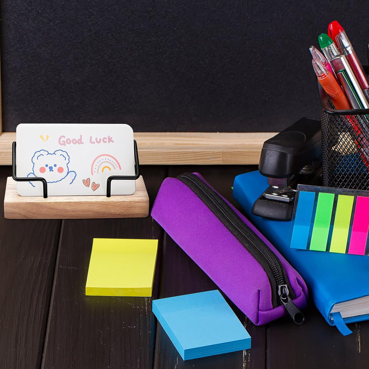 Amyhill 2 Pieces Wood Business Card Holder for Desk,Light Wood Color, Black