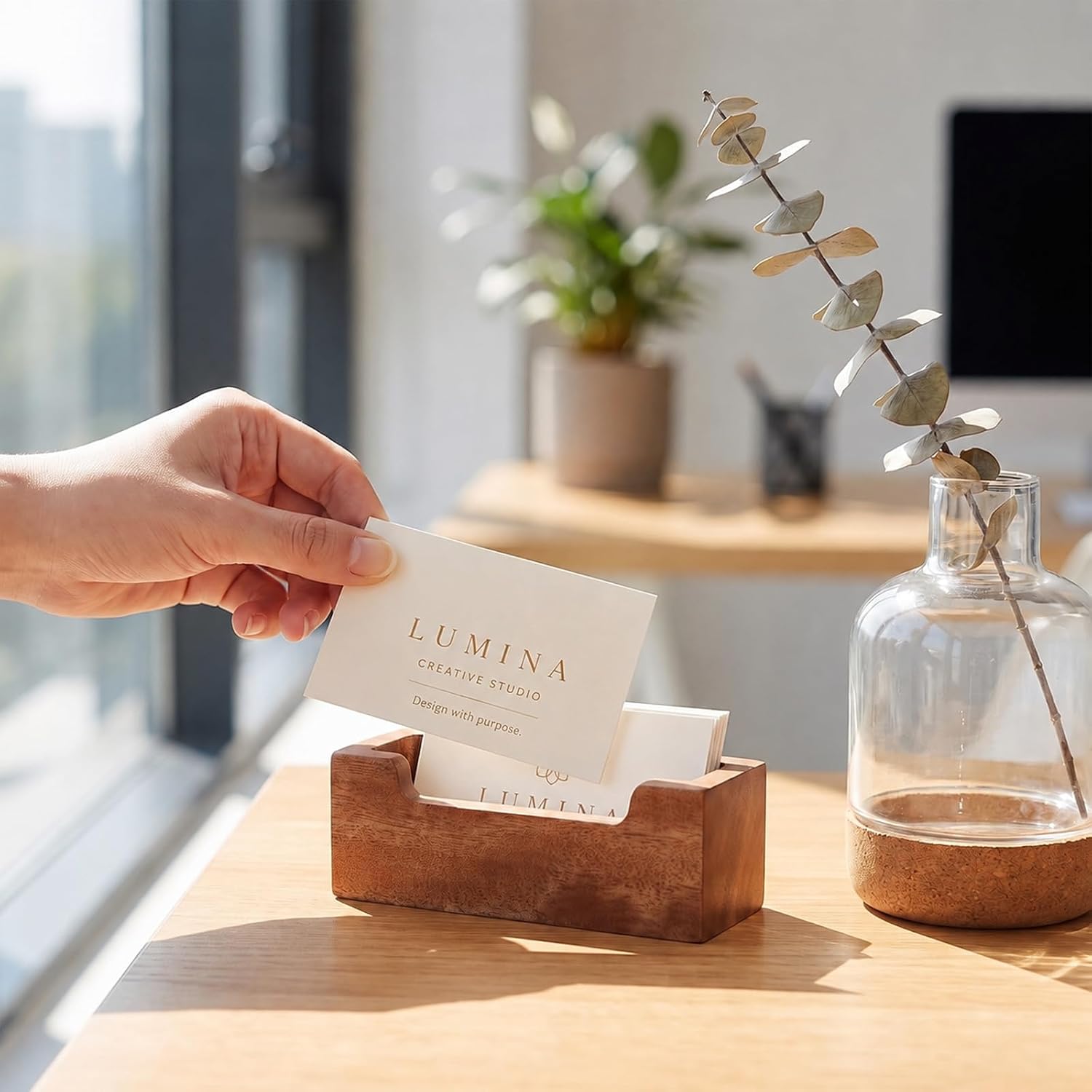 Desktop Business Card Holder, Acacia Wood Name Card Organizer for Desk