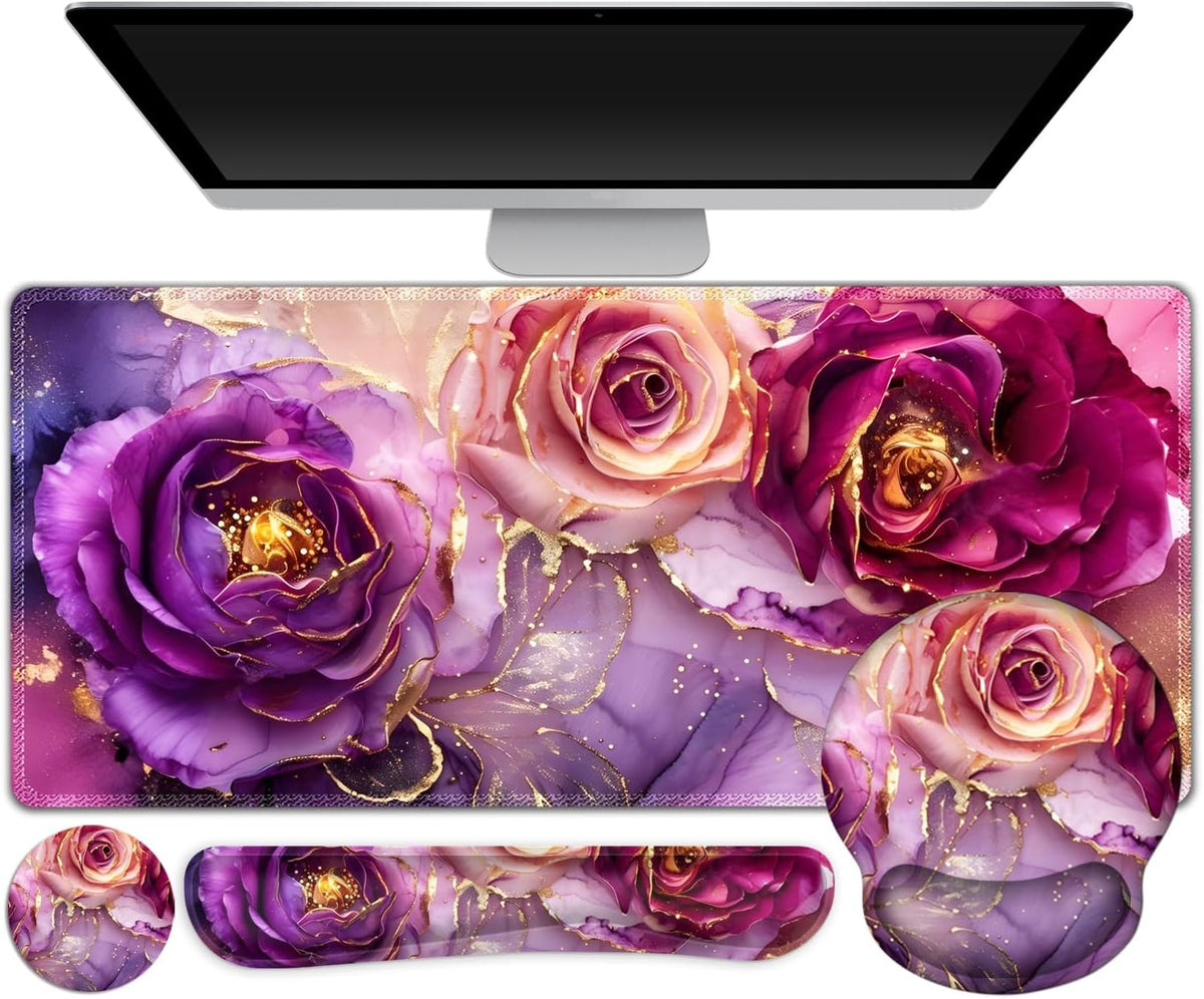 Gaming Mouse Pad Large Desk Mat, Cute Purple Marble Rose Desk Pad Protector