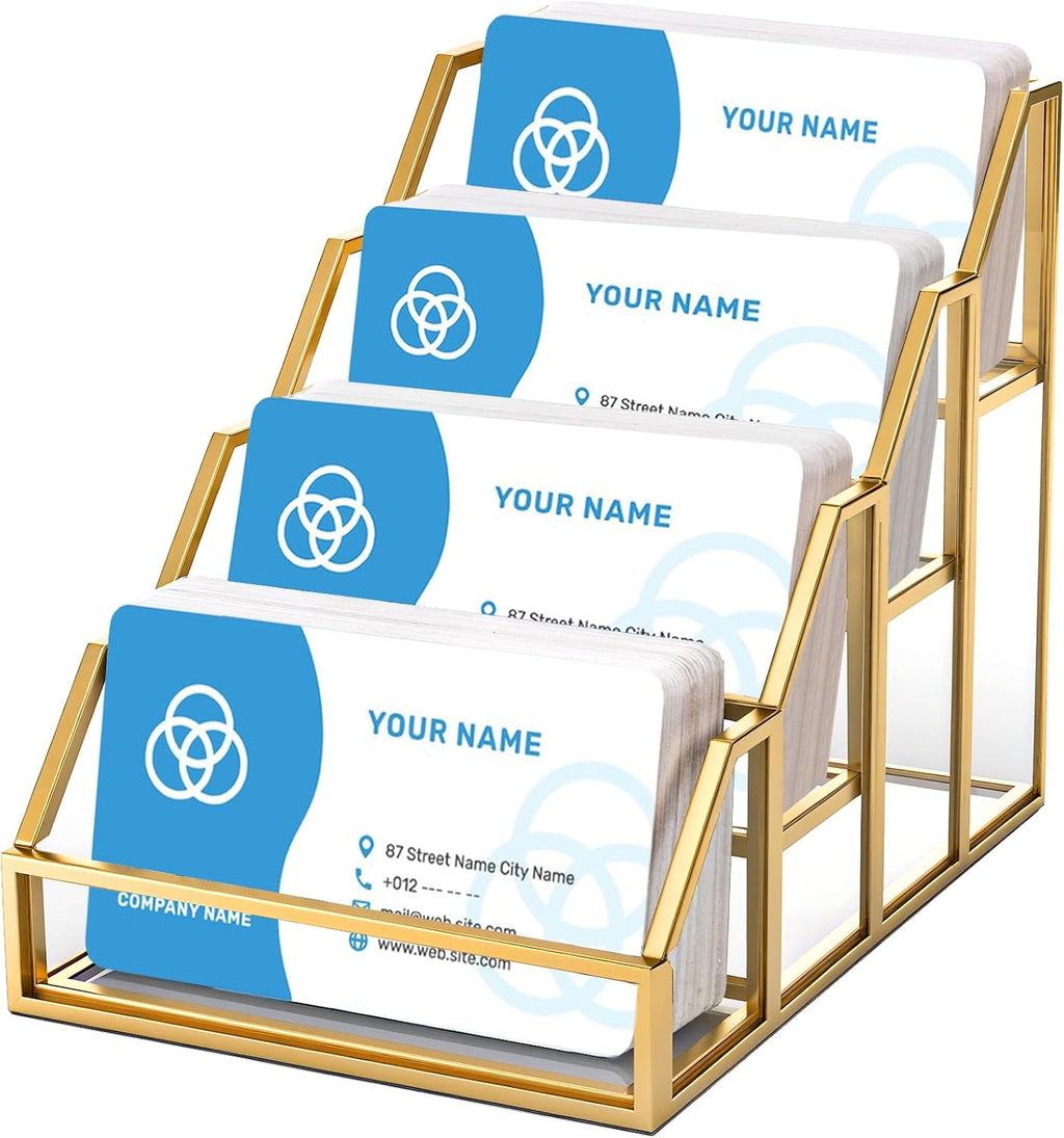 Frcctre 4 Slots Glass Business Card Holder for Desk, 4 Tiers Desktop Clear Business Card Display Holder Stand Office Countertop Name Cards Organizer