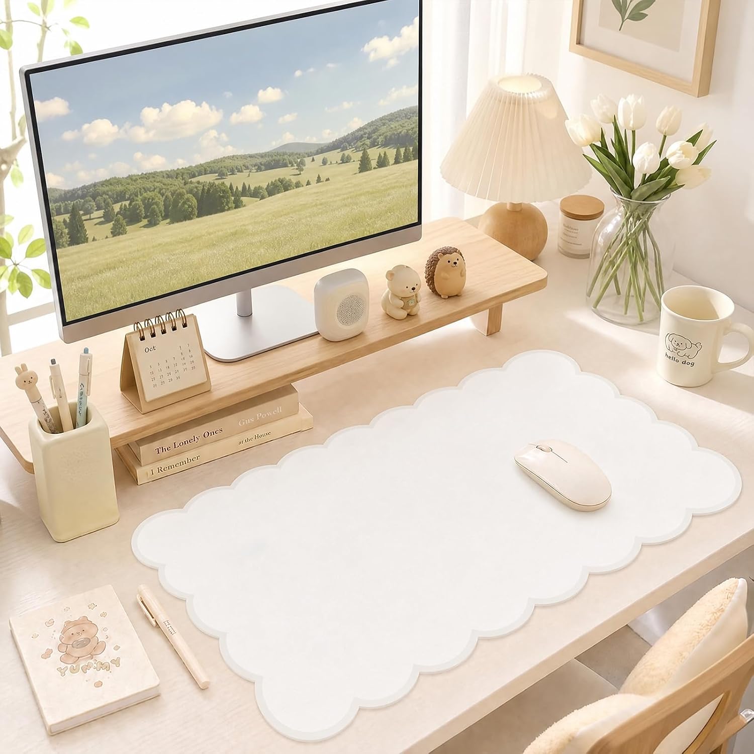 Scalloped Desk Mat,31.5"x15.7" Large Mouse Pad for Desk Pad,Beige
