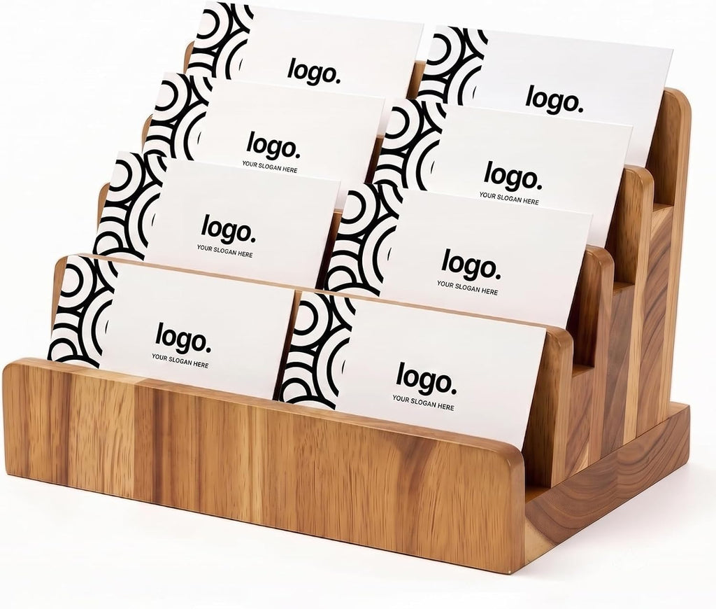 4 Tier Acacia Wood Business Card Holder,Desktop Business Card Display Stand