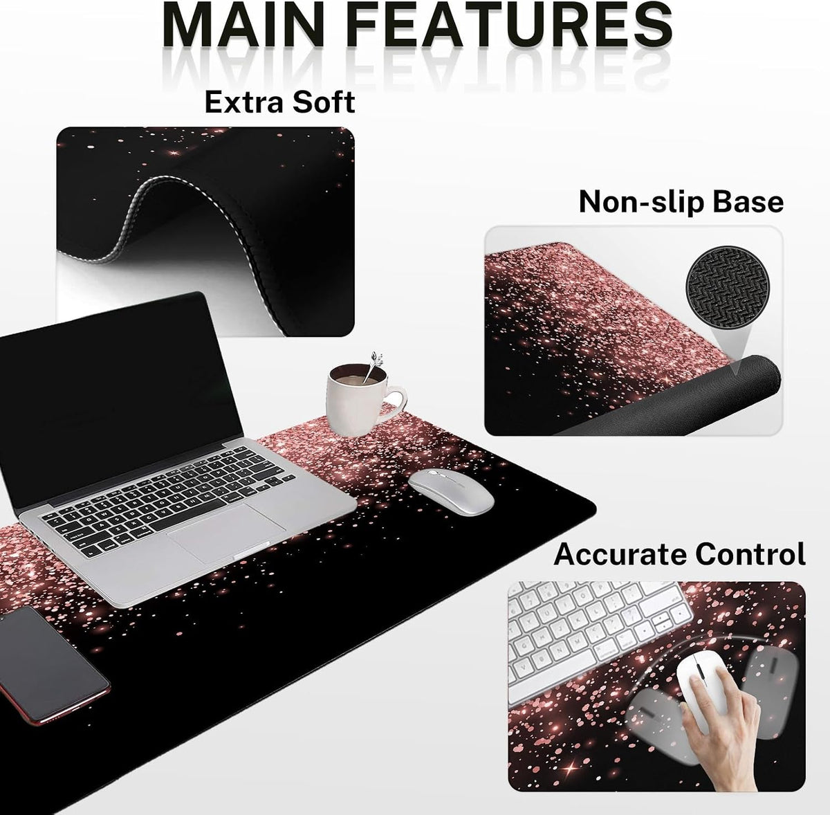 Britimes Keyboard Mouse Pad Set, 4 in 1 Desk Mat Set, Pink Rose Gold