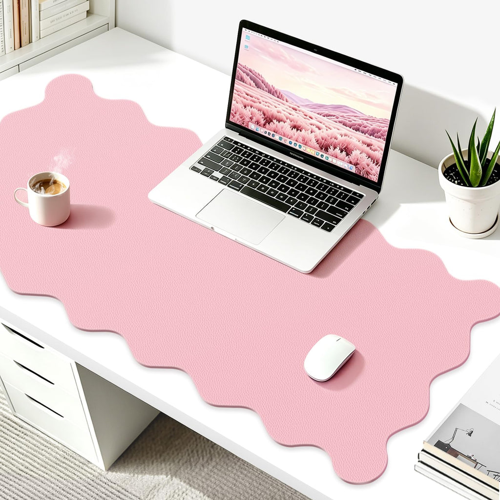 Scalloped Computer Desk Mat for Protection, 31.5 x 15.7 in, Pink