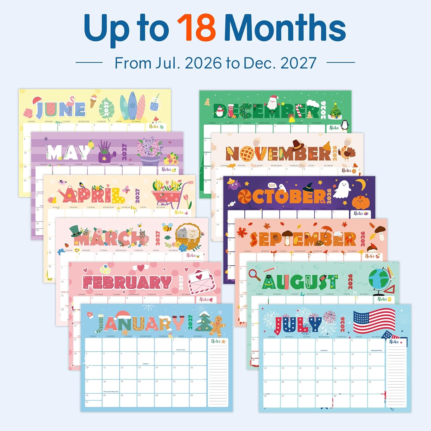 SUNEE Desk Calendar 2026-2027, 17" x 12", 18 Month Calendar Jul. 2026 - Dec. 2027, Calendar 2026-2027 With Notes, for Planning, Organizing in Family, School or Office, Cute