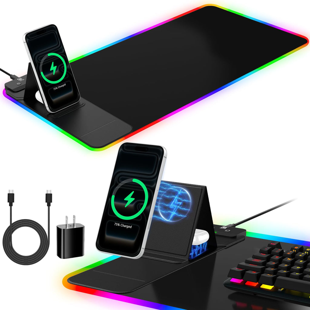 XXL Mouse Pad with Phone Holder - Black, RGB Desk Mat with 15W Fast Charging, LED Gaming Mousepad with 11 Light Colors, Waterproof Non-Slip Pad for Office & Home (Black with PD Adapter)