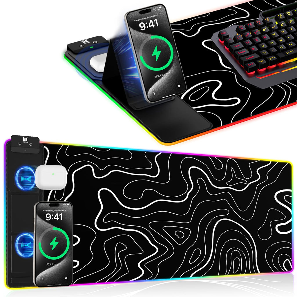 XXL Mouse Pad with Phone Holder - Black, RGB Desk Mat with 15W Fast Charging, LED Gaming Mousepad with 11 Light Colors, Waterproof Non-Slip Pad for Office & Home (Black with PD Adapter)