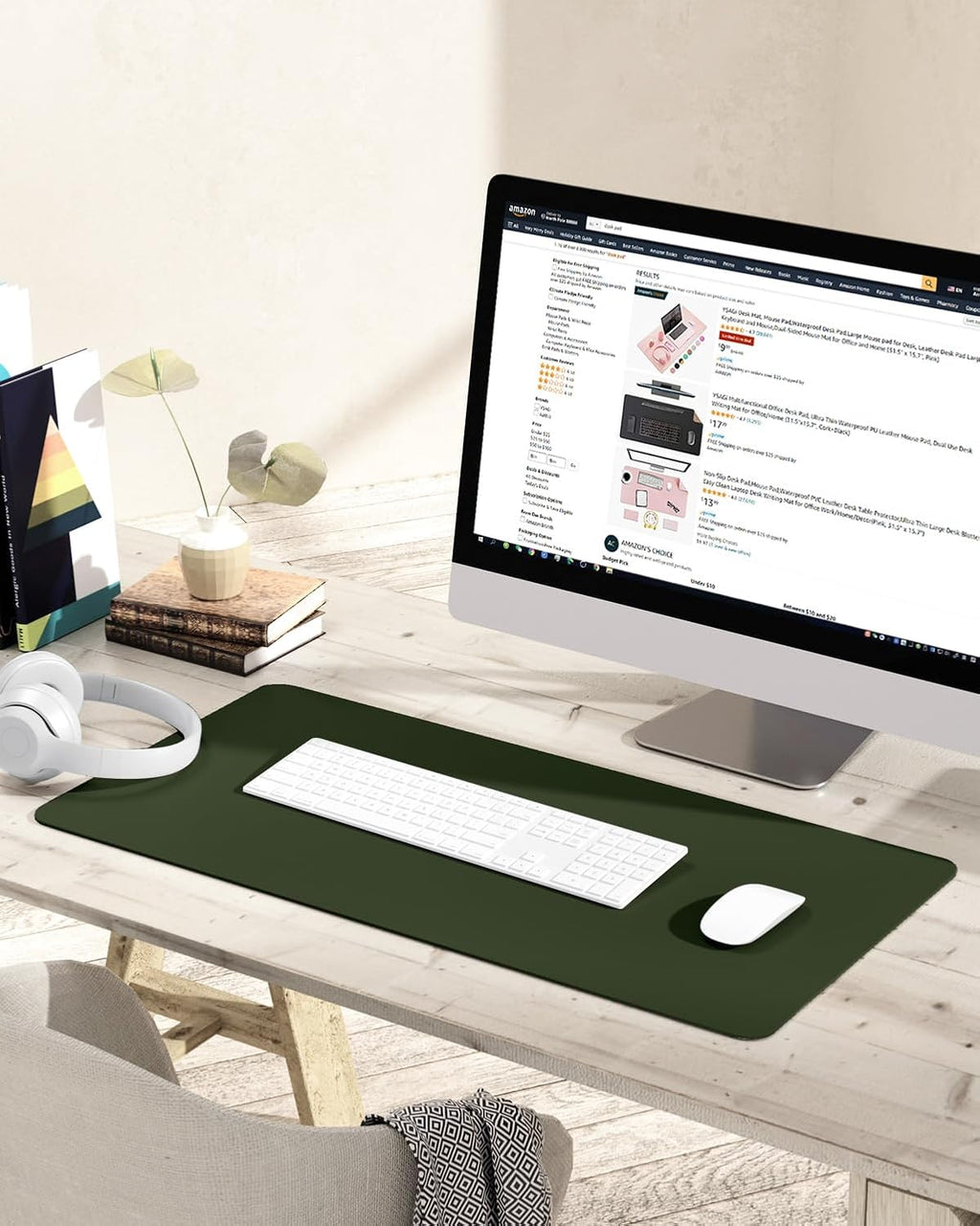 YSAGi Non-Slip Leather Desk Pad, Waterproof Laptop Computer Desk Keyboard Mat, Table Protector Blotter Mat, Large Mouse Pad for Office/Work/Home/Decor(Olive Green, 31.5" x 15.7")