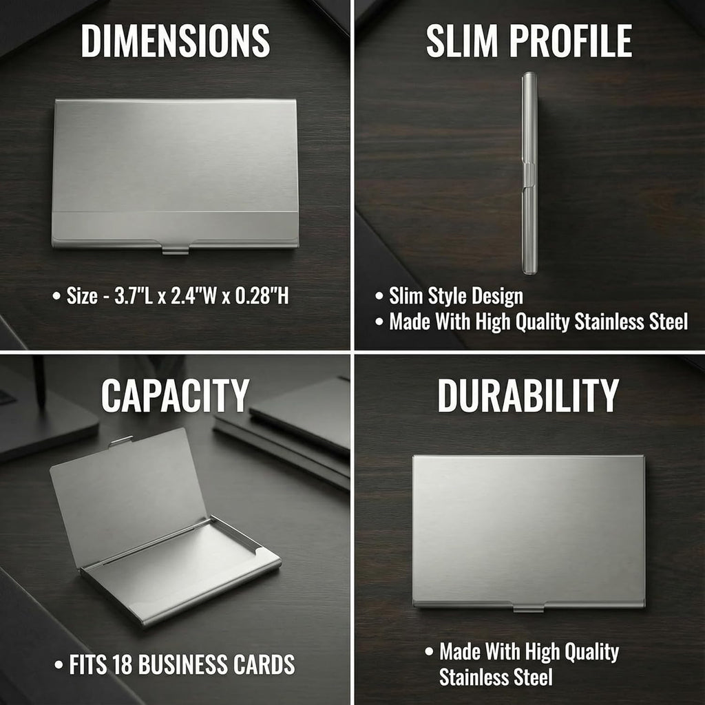 Business Card Holder, for Men and Women, Slim Minimalist Design Case, Stainless Steel Metal, Fits 18 Business Cards in Pocket