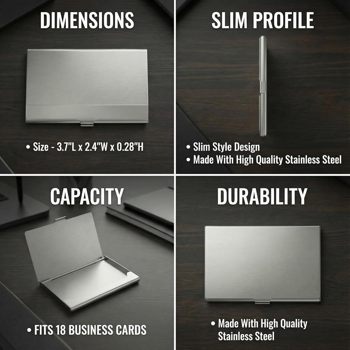 Business Card Holder, for Men and Women, Slim Minimalist Design Case, Stainless Steel Metal, Fits 18 Business Cards in Pocket