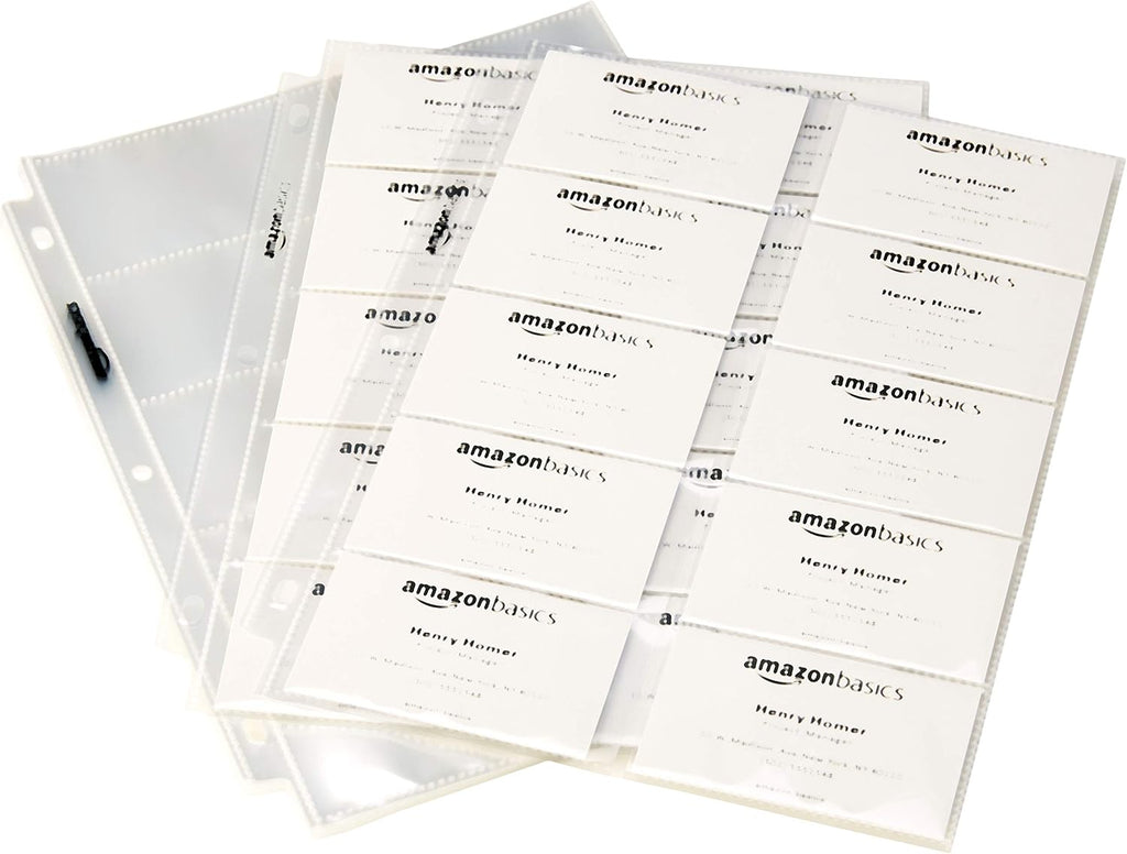 Amazon Basics Plastic Business Card Organizer Sleeves for 3-Ring Binder, Transparent Card Holder, 8.5 x 11 inches, 25-Pack