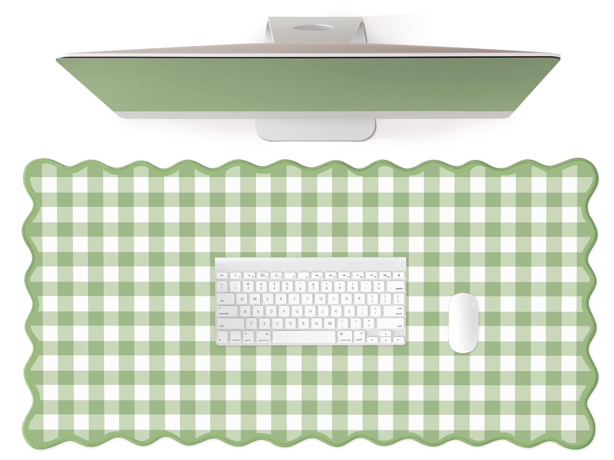 Scalloped‌ Green Checkered Desk Mat Cute Pastel Large Gaming Mouse Pad Gingham Kawaii Cottagecore ‌Vintage‌ Girly Keyboard Computer Mat Aesthetic Desk Pad Accessories Office Decor for Women