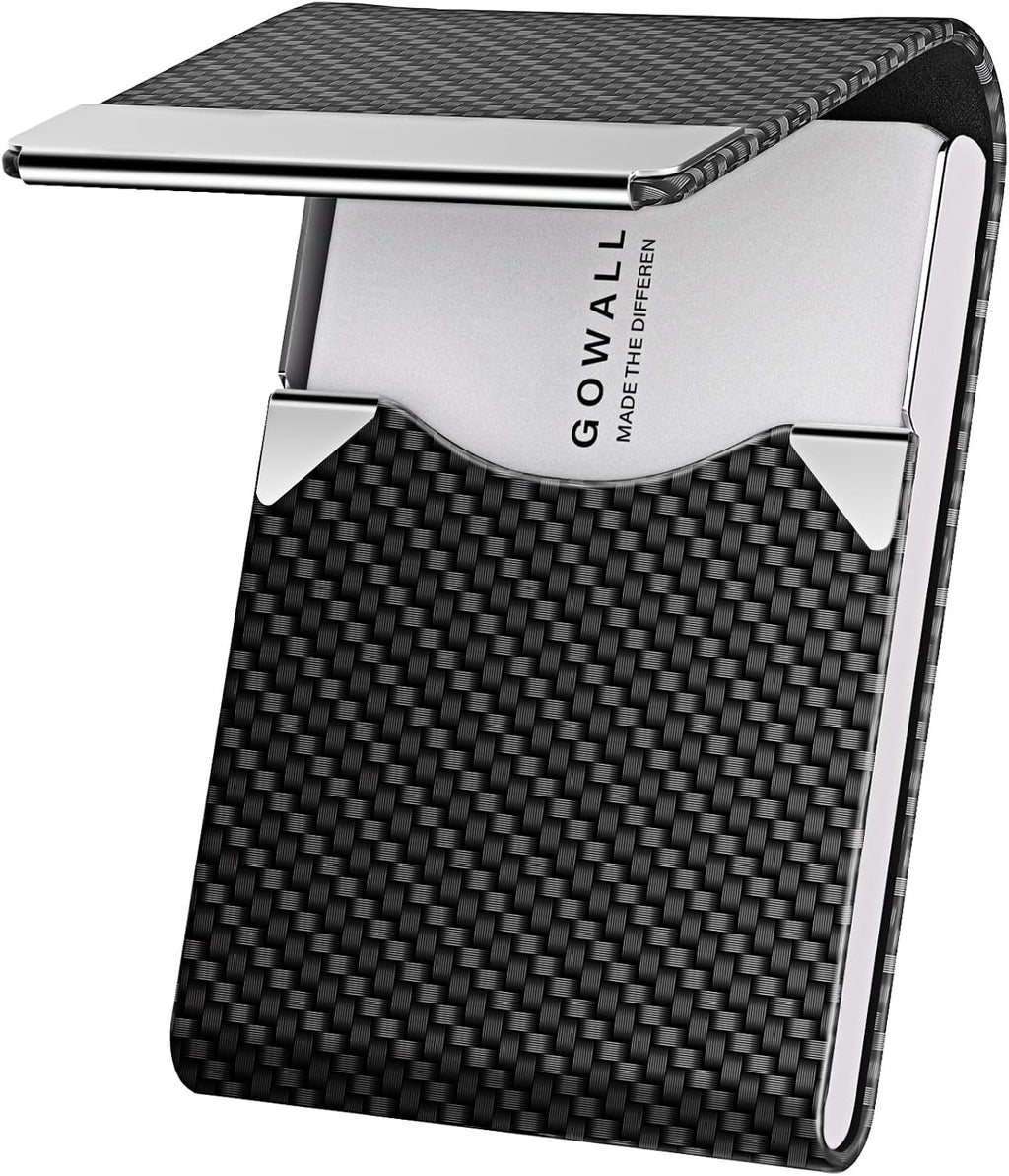 Black Carbon Business Card Holder with Magnetic Closure, Slim Metal PU Business Card Case for Men Women, 3.7 x 2.3 inches RFID Blocking Credit Cards Holder for Pocket or Bag Storage