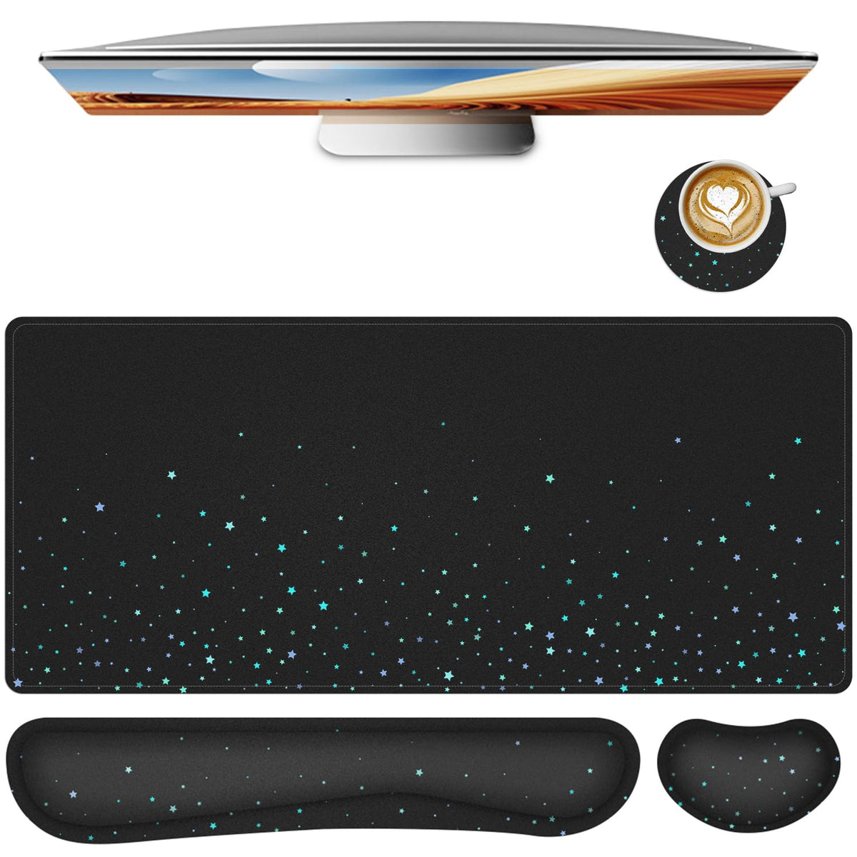 Keyboard Mouse Pad Set,Large Gaming Mouse Pad+Keyboard Wrist Rest+Wrist Rest+Coaster,Computer Desk pad Set Wrist Support for Office Desktop Laptop. (35.4" x 15.7") Extended Desk Mat (Floral)