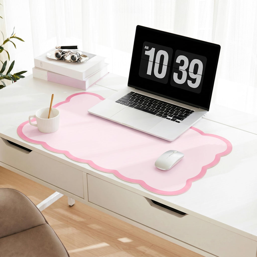 Scalloped Desk Mat, 31.5" x 15.7" Large Cute Aesthetic Desk Accessories, PU Leather Computer Laptop Desk Mouse Keyboard Pad, Desk Writing Mat for Vanity/Work/Home Decor (Pink, 31.5" x 15.7")