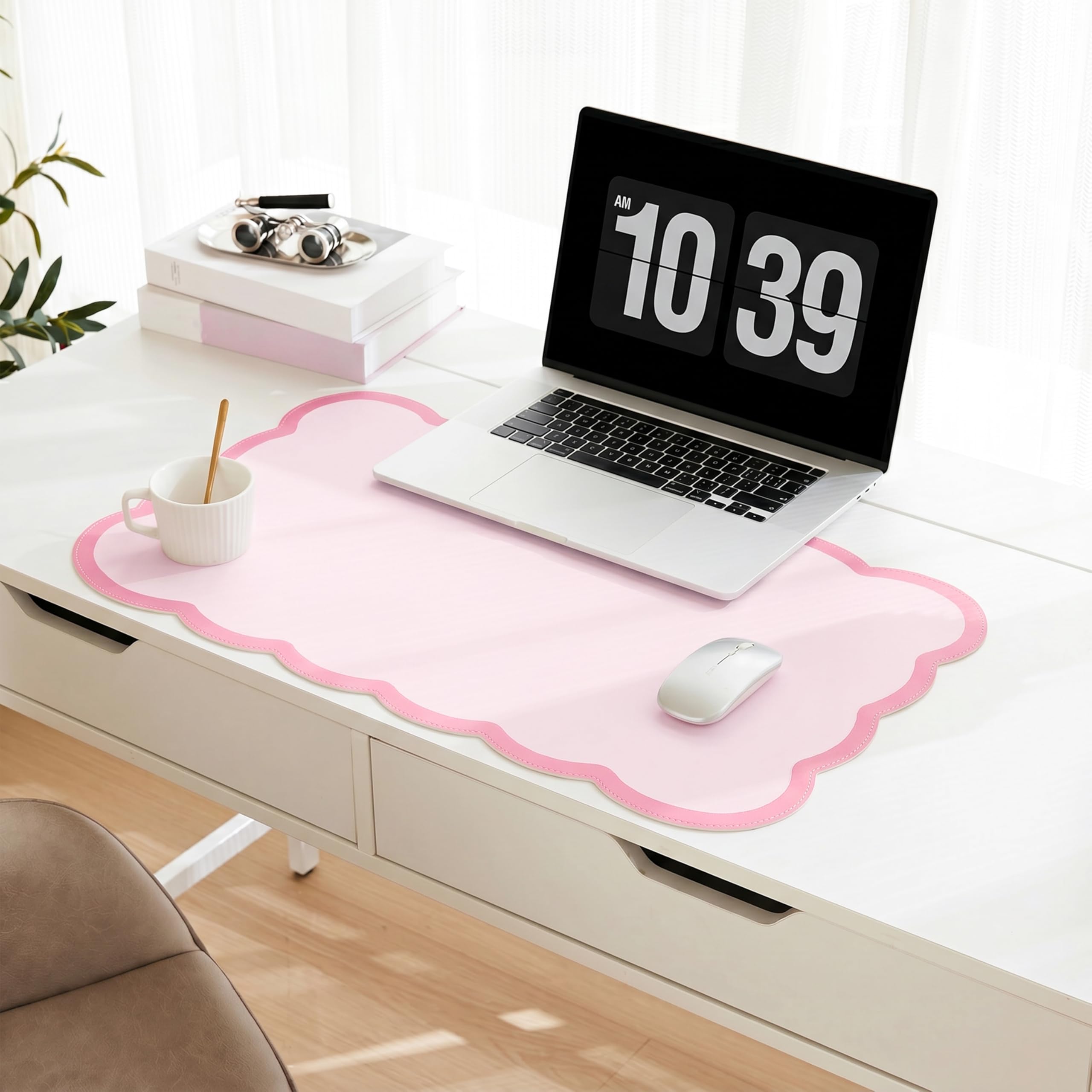 Scalloped Desk Mat, 31.5" x 15.7" Large Cute Aesthetic Desk Accessories, PU Leather Computer Laptop Desk Mouse Keyboard Pad, Desk Writing Mat for Vanity/Work/Home Decor (Pink, 31.5" x 15.7")