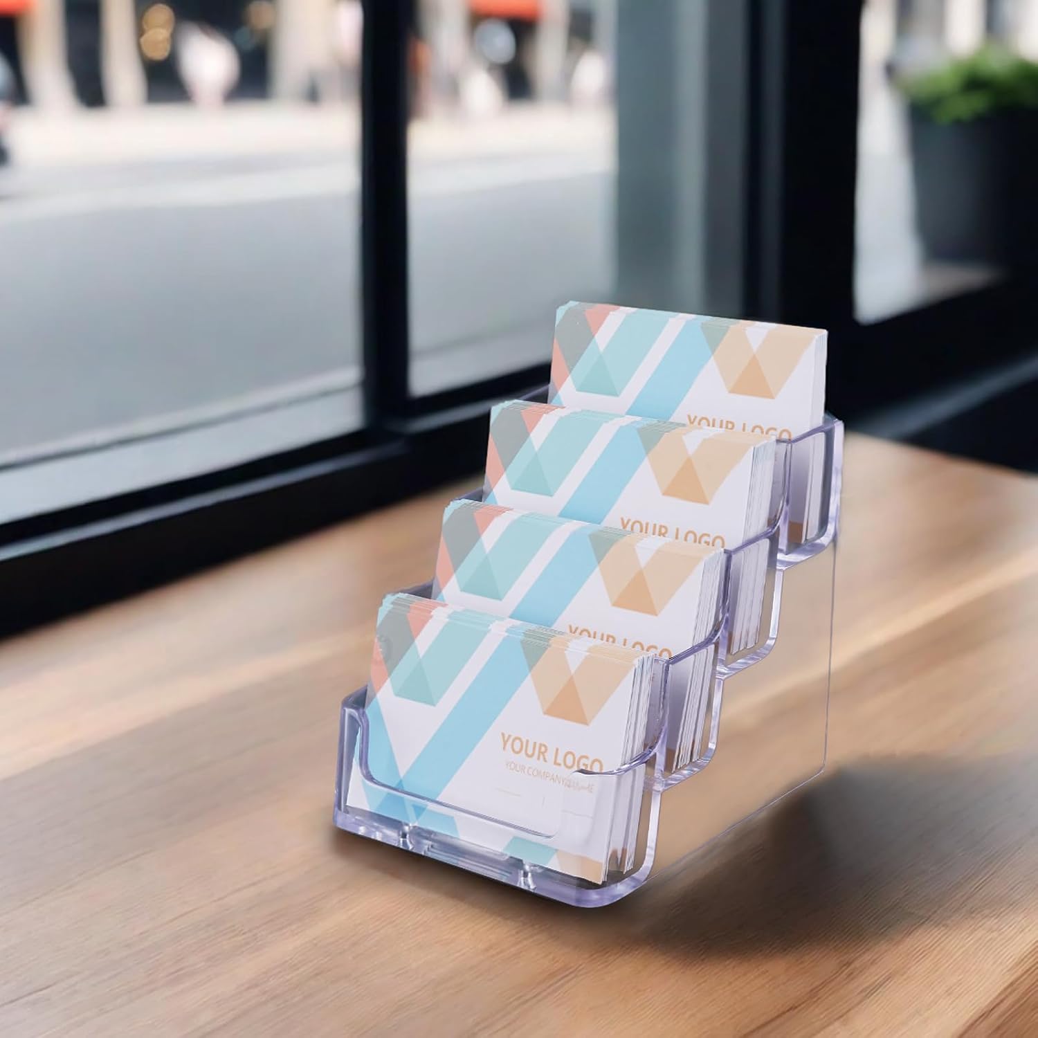 HSYMQ 1 Piece Desktop Clear Bussiness Card Holder, Plastic Card Display Stand, 4 Tier Acrylic Card Holder for Office