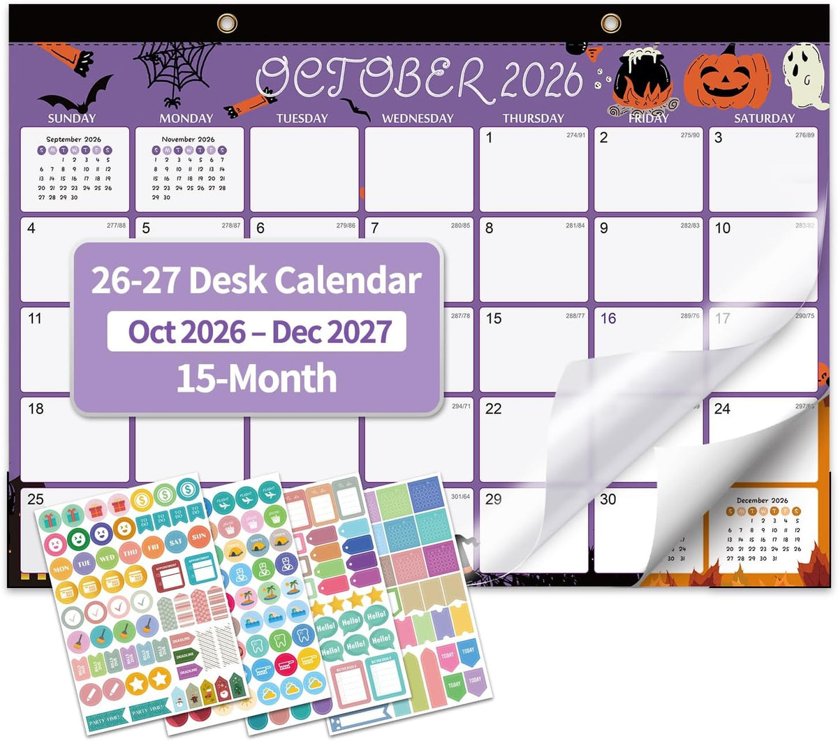 Desk Calendar 2026-2027, 15 Month Oct 2026 - Dec 2027, 17x12,Colorful