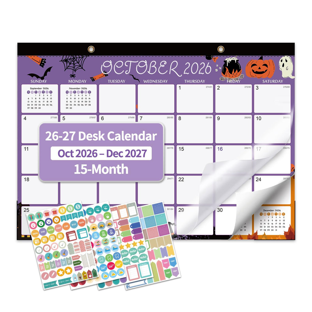 Desk Calendar 2026-2027, 15 Month Oct 2026 - Dec 2027, 17x12,Colorful
