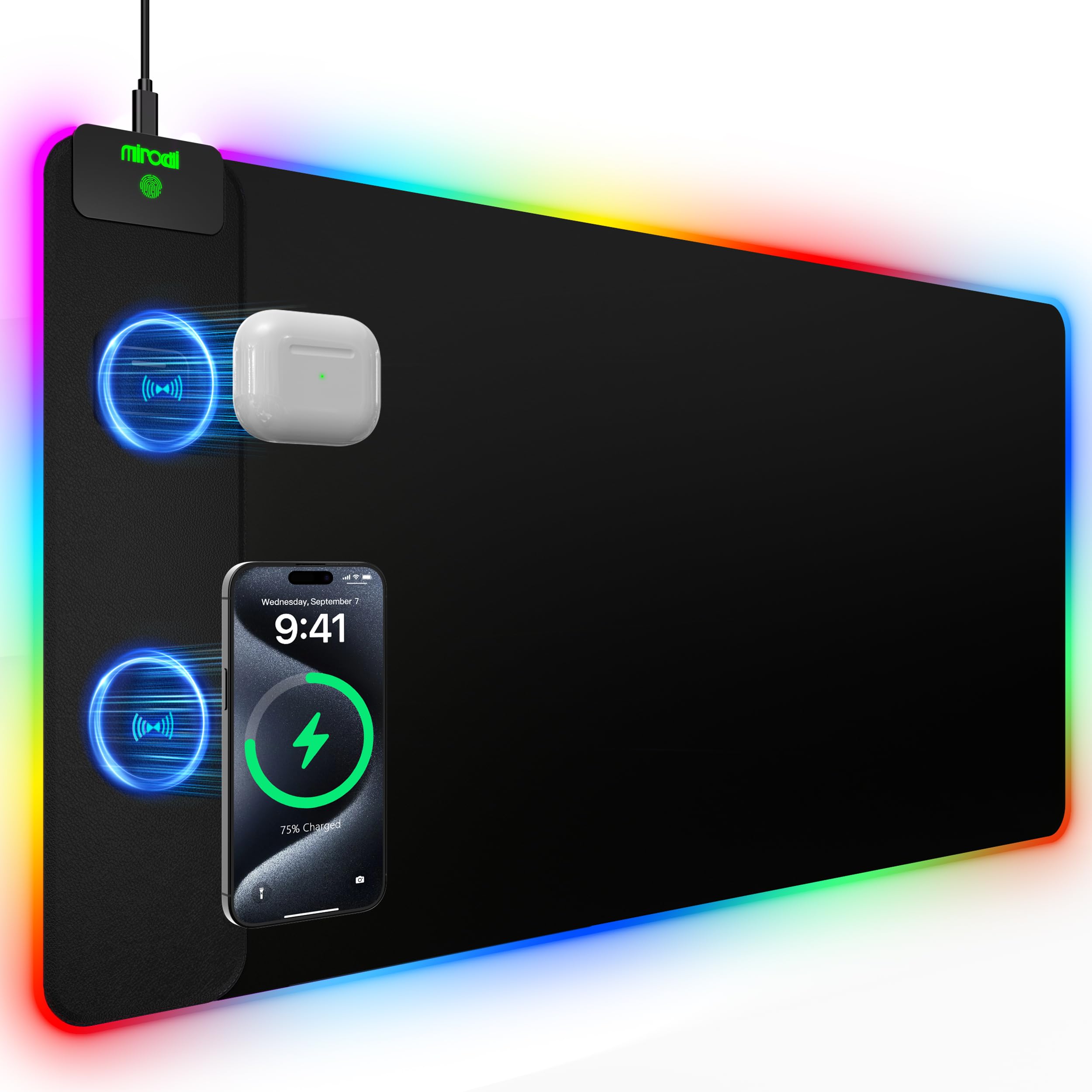 XXL Mouse Pad with Phone Holder - Black, RGB Desk Mat with 15W Fast Charging, LED Gaming Mousepad with 11 Light Colors, Waterproof Non-Slip Pad for Office & Home (Black with PD Adapter)