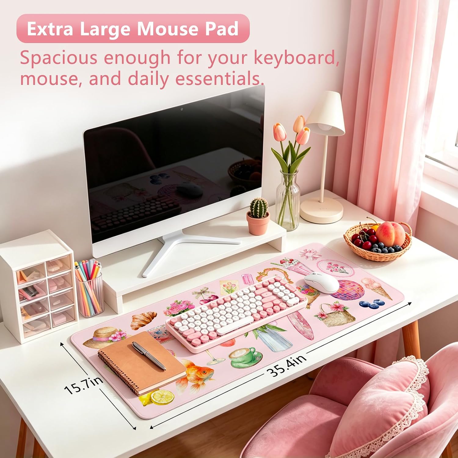 Pink Floral Mouse Pad Large 35.4×15.7 Aesthetic Cute Desk Mat