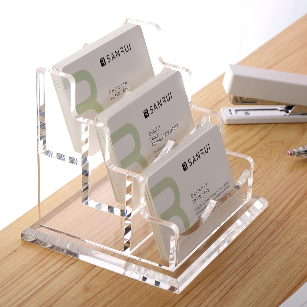 YUXUN Business Card Holder Display for Desk, Clear Acrylic Cards Organizer 3 Tier 3 Slots, Business Card Stand for Women Men, Multiple Business Card Display for Exhibition, Home, Office