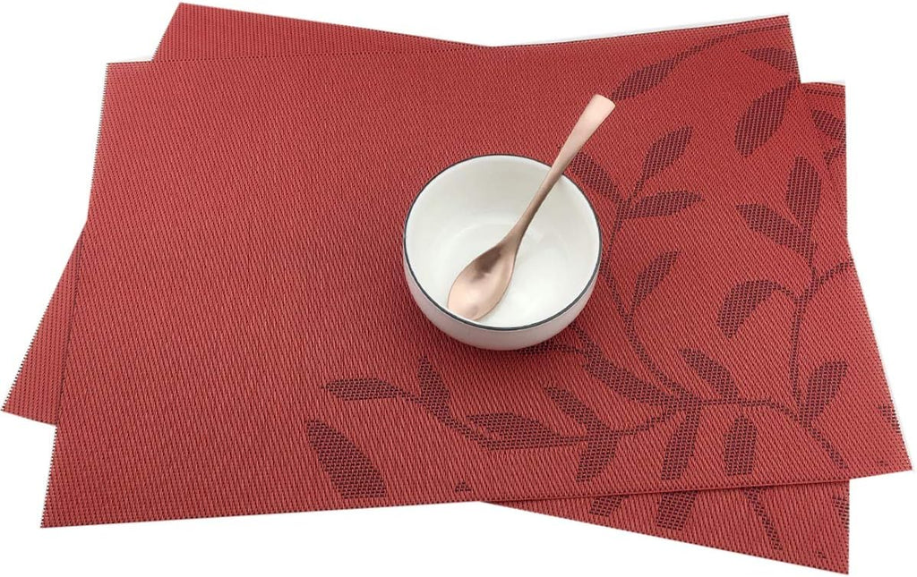 Place Mats PVC Set of 6, Table Placemats Set of 6 PVC Table Mats Natural Color (6 pcs, Red Leaves)