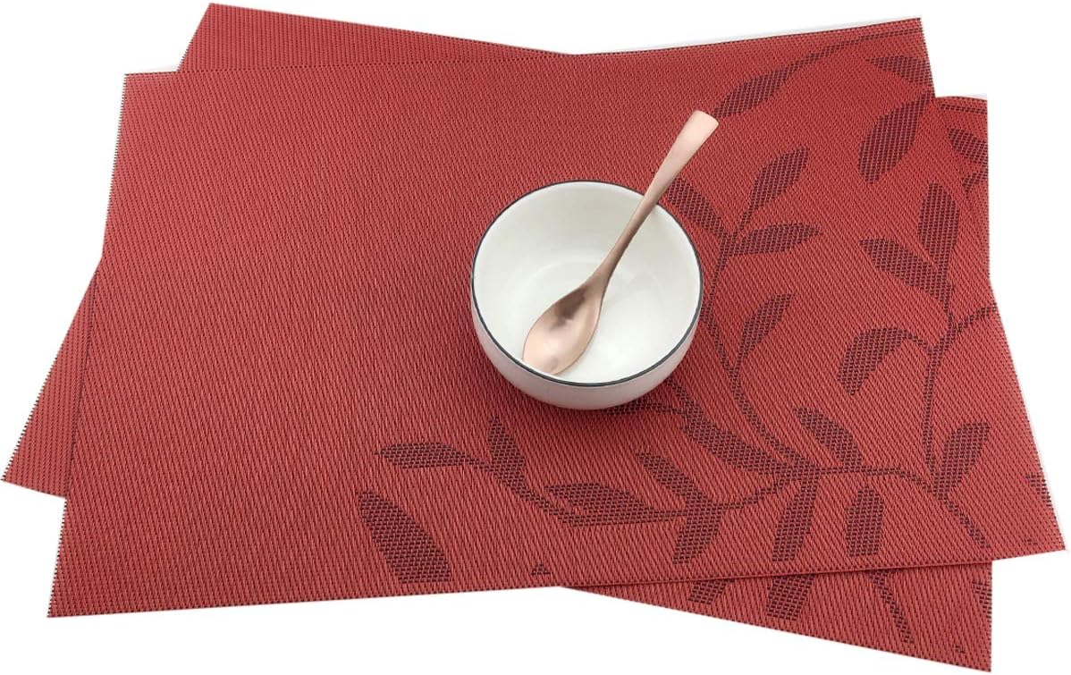 Place Mats PVC Set of 6, Table Placemats Set of 6 PVC Table Mats Natural Color (6 pcs, Red Leaves)