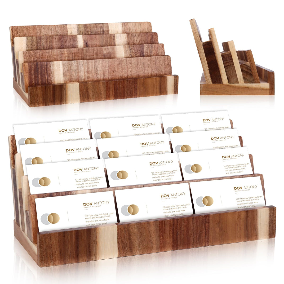 Acacia Wood Business Card Holder 4 Tier Multiple Business Card Display Stands Desktop Business Card Organizer 4 Slots Gift Card Rack Index Card Storage for Office Exhibition Meeting Home Men Women