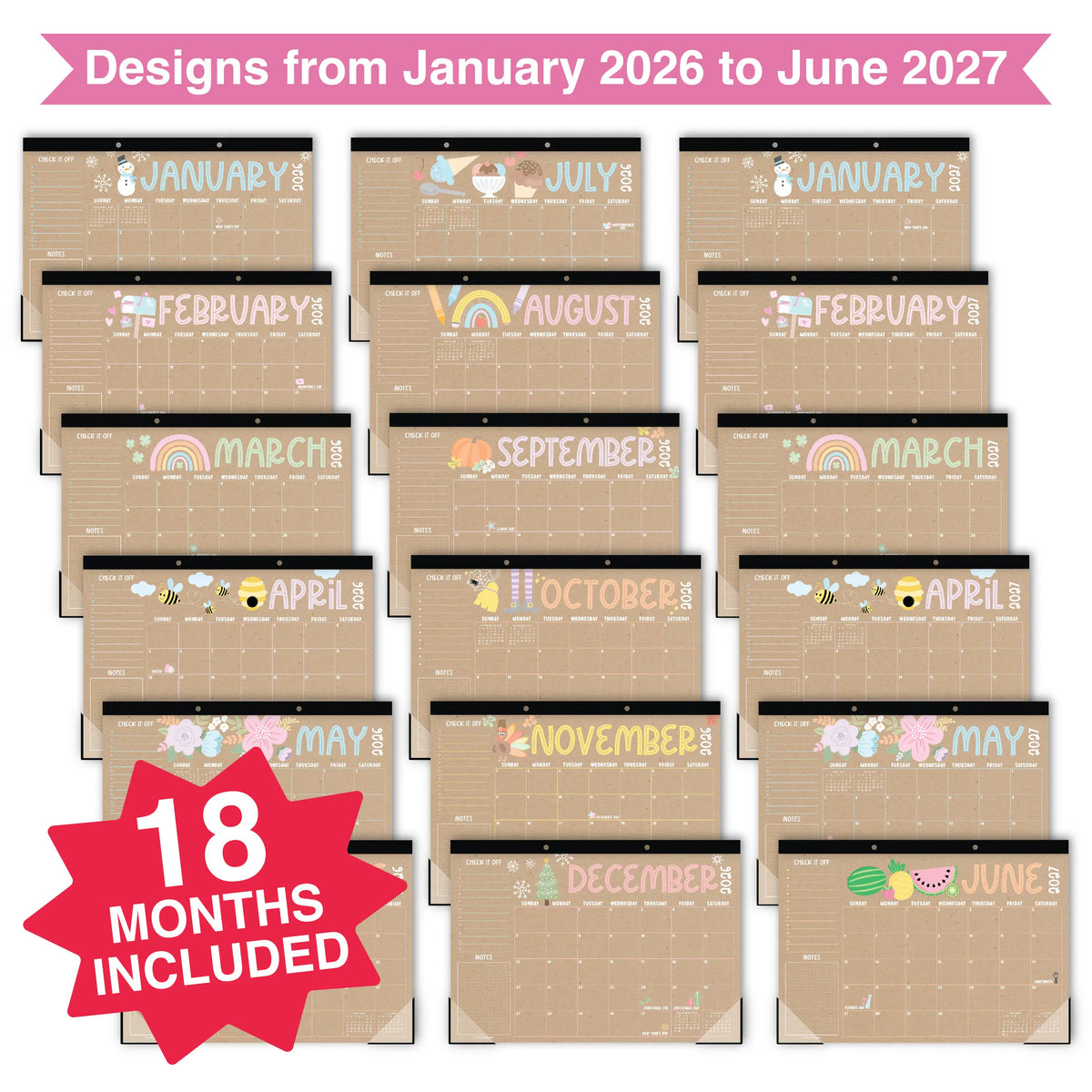 Hadley Designs 2026-2027 18-Month 11x17 in Desk Calendar - Teacher Planner, Office Accessories, Office Stationery, Monthly Grids, 18-Month Layout for Back to School Planning