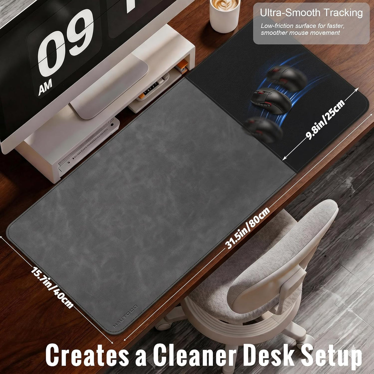 HAUTOCO Cork Desk Mat 31.5"x15.7", Distressed PU Leather & Cloth Desk Pad