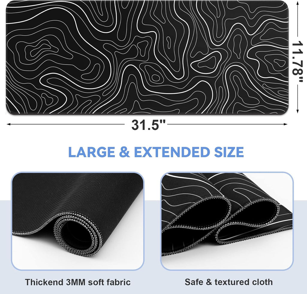 DIGSOM Gaming Mouse Pad, Black with White Topographic Line, 31.5x11.8in