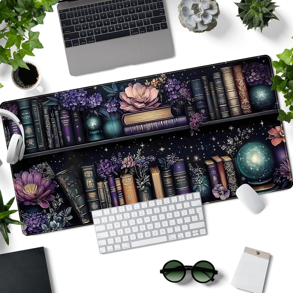 Purple Flowers Bookshelf Desk Mat Bookish Desk Pad Celestial Floral Books Large Mouse Pad XXL Extended Mousepad Aesthetic Keyboard Pad Crystal Globe Mouse Mat 31.5x15.7 in Office Decor for Women