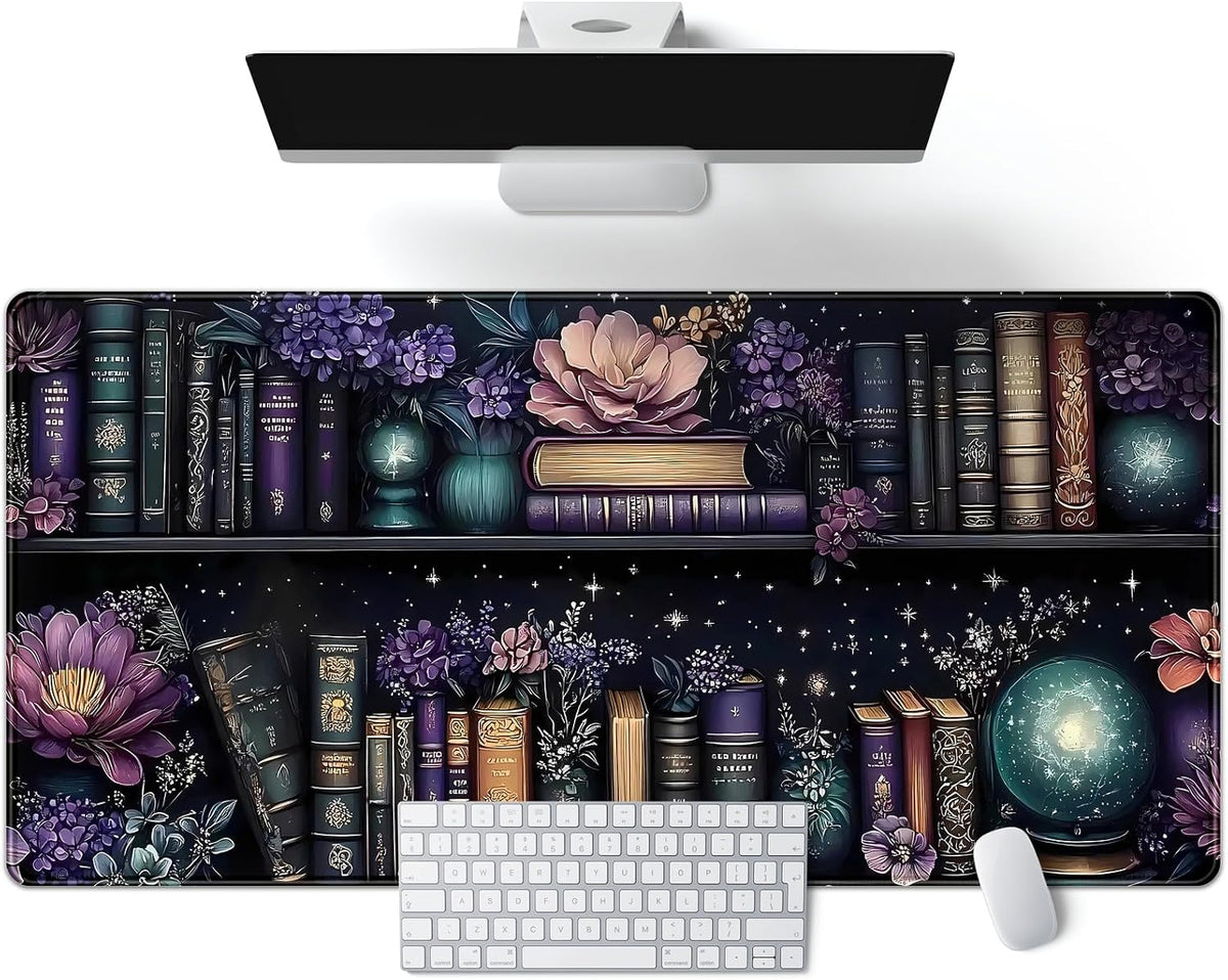 Purple Flowers Bookshelf Desk Mat Bookish Desk Pad Celestial Floral Books Large Mouse Pad XXL Extended Mousepad Aesthetic Keyboard Pad Crystal Globe Mouse Mat 31.5x15.7 in Office Decor for Women