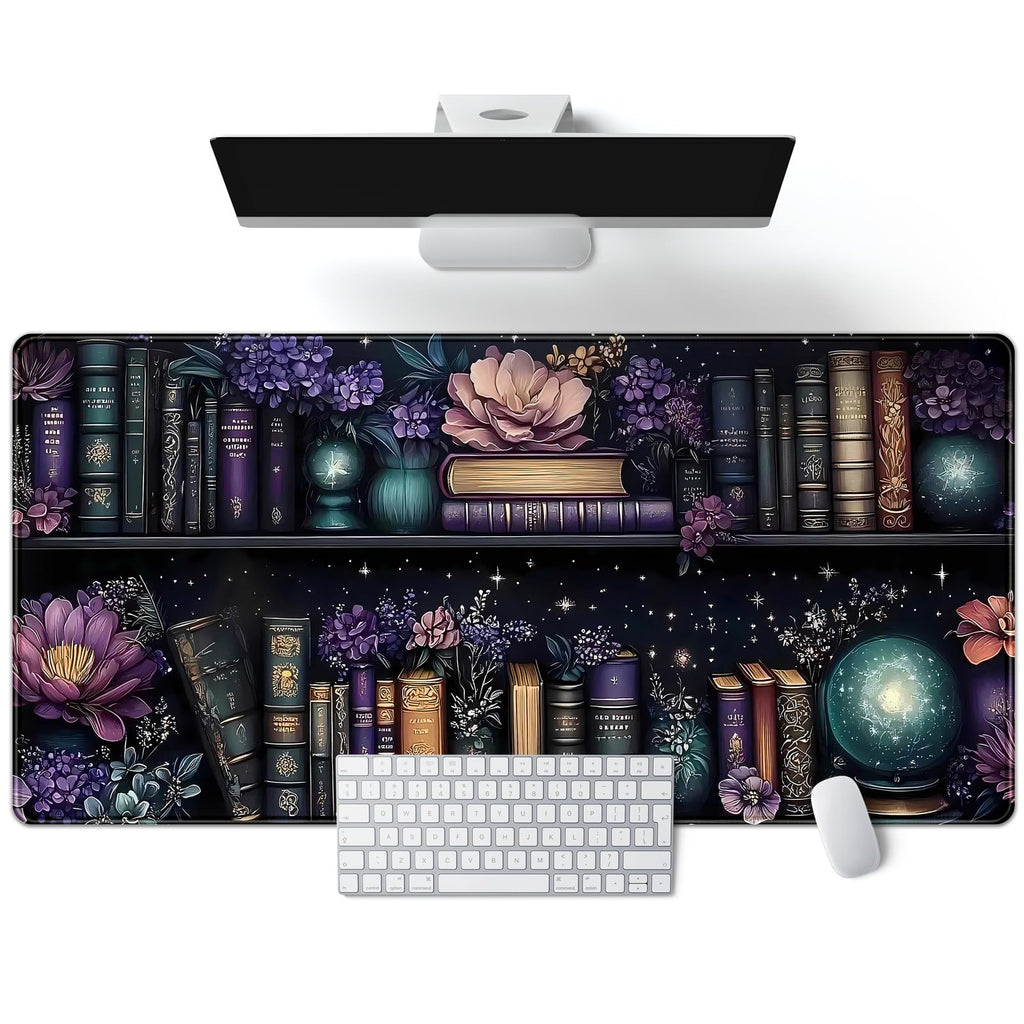 Purple Flowers Bookshelf Desk Mat Bookish Desk Pad Celestial Floral Books Large Mouse Pad XXL Extended Mousepad Aesthetic Keyboard Pad Crystal Globe Mouse Mat 31.5x15.7 in Office Decor for Women