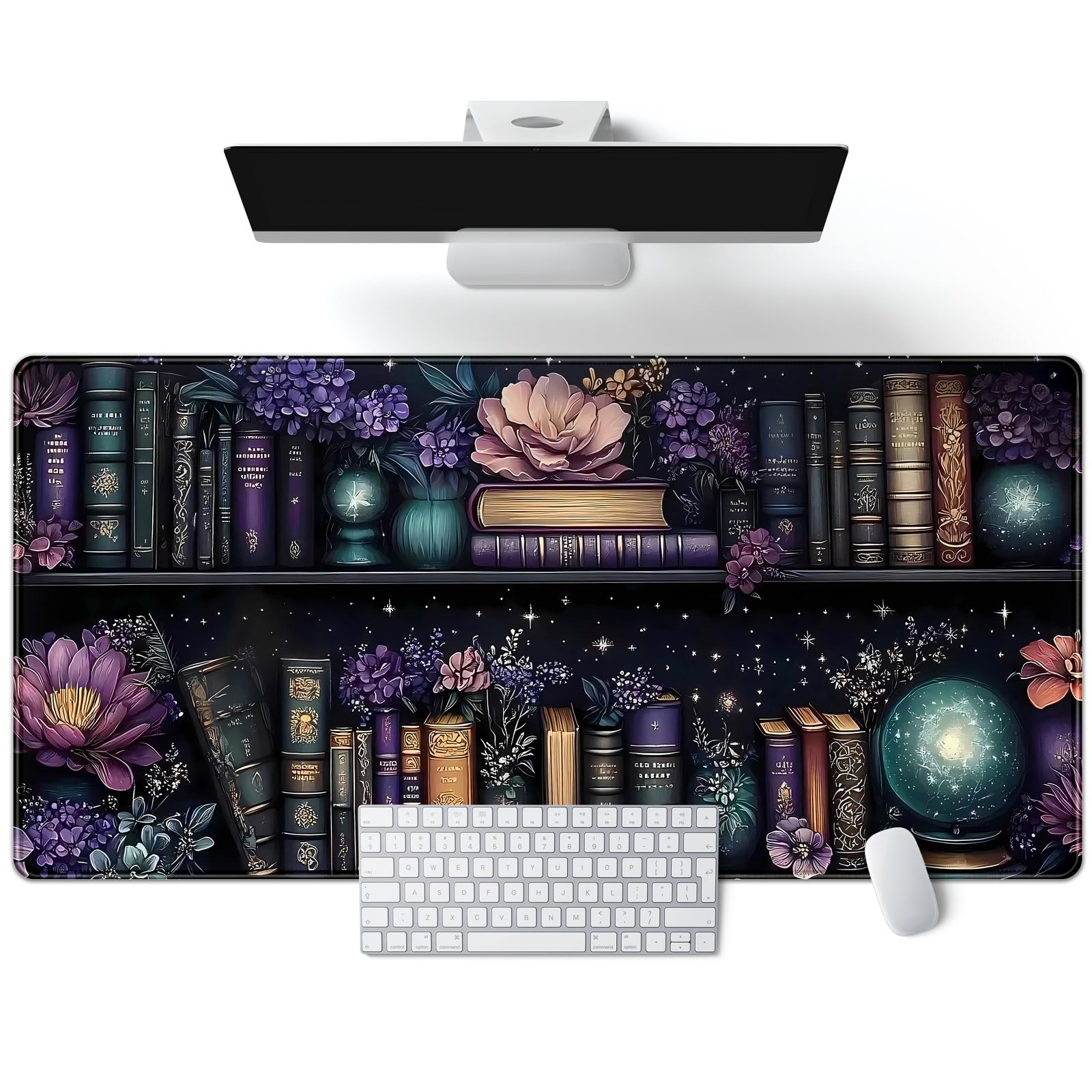 Purple Flowers Bookshelf Desk Mat Bookish Desk Pad Celestial Floral Books Large Mouse Pad XXL Extended Mousepad Aesthetic Keyboard Pad Crystal Globe Mouse Mat 31.5x15.7 in Office Decor for Women