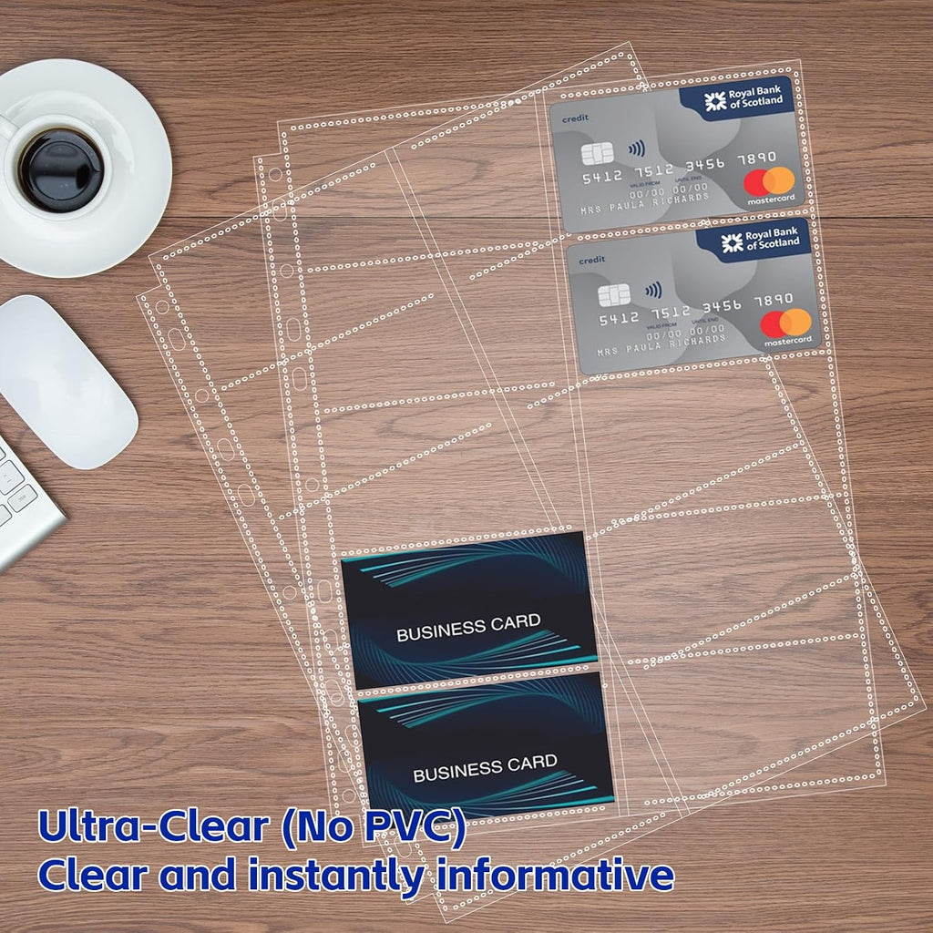 BYSTER 30 Pack 600 Pockets Business Card Sleeves Binder Sheets, Ultra-Clear Business Card Pages for 2/3/4 Ring Binder, Double Sided 10 Pocket Credit Card Pages