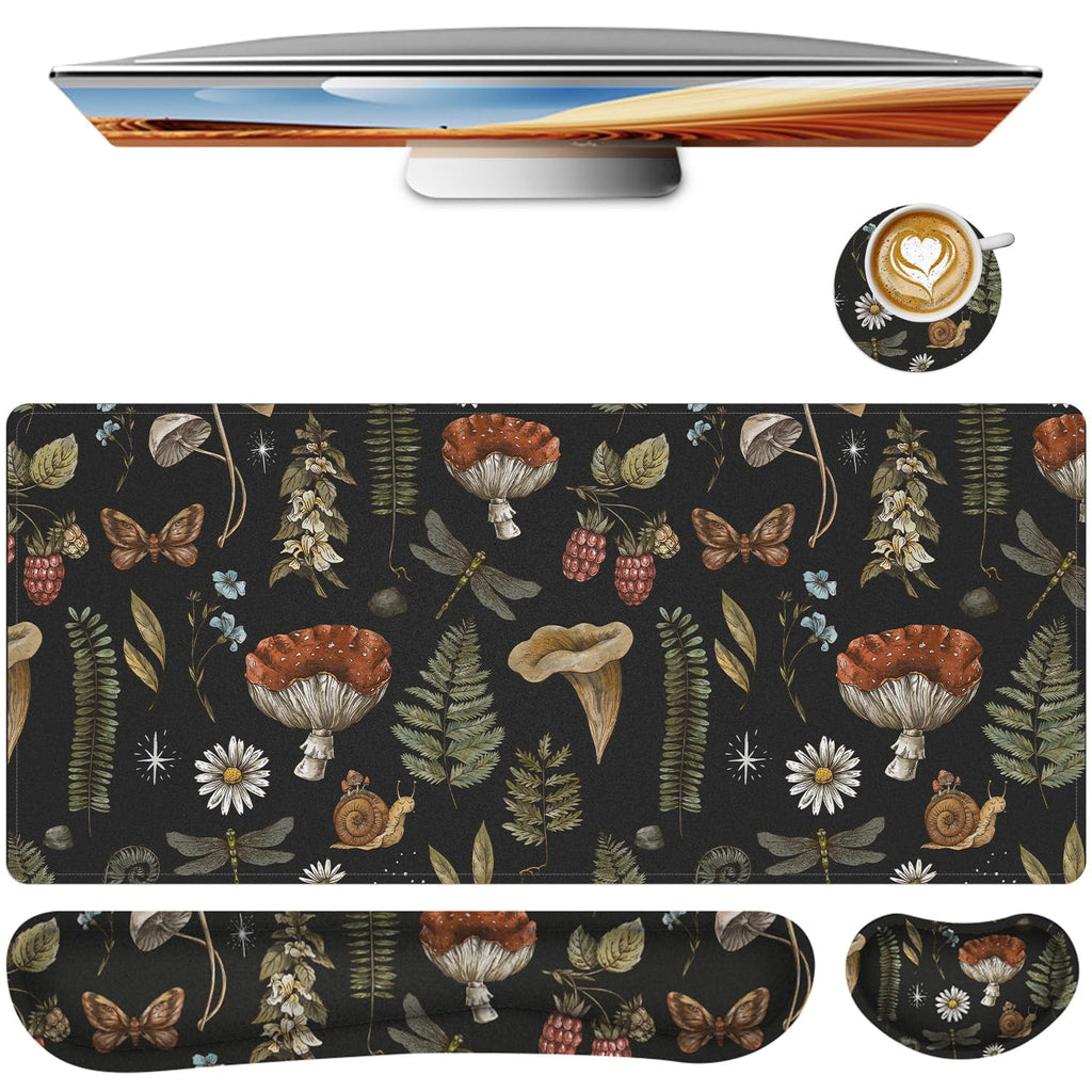 Keyboard Mouse Pad Set,Large Gaming Mouse Pad+Keyboard Wrist Rest+Wrist Rest+Coaster,Computer Desk pad Set Wrist Support for Office Desktop Laptop. (35.4" x 15.7") Extended Desk Mat (Floral)