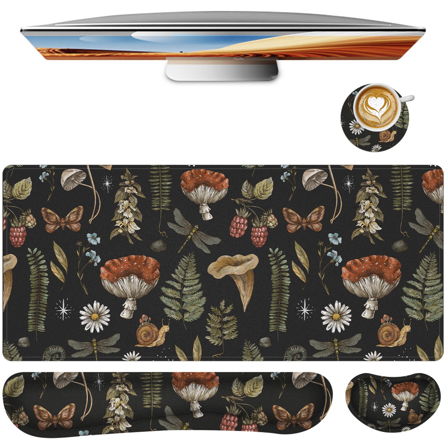 Keyboard Mouse Pad Set,Large Gaming Mouse Pad+Keyboard Wrist Rest+Wrist Rest+Coaster,Computer Desk pad Set Wrist Support for Office Desktop Laptop. (35.4" x 15.7") Extended Desk Mat (Floral)