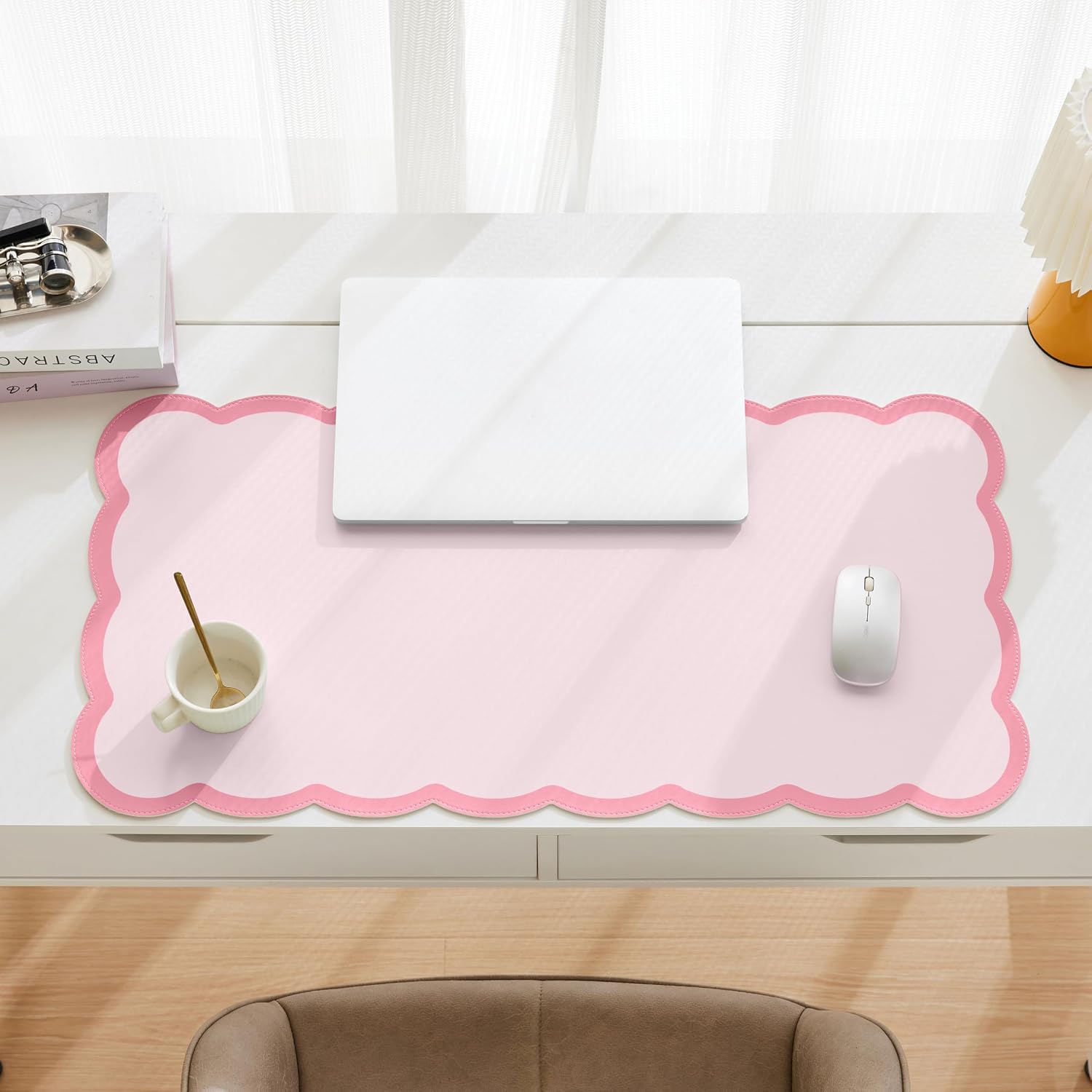 Scalloped Desk Mat, 31.5" x 15.7" Large Cute Aesthetic Desk Accessories, PU Leather Computer Laptop Desk Mouse Keyboard Pad, Desk Writing Mat for Vanity/Work/Home Decor (Pink, 31.5" x 15.7")